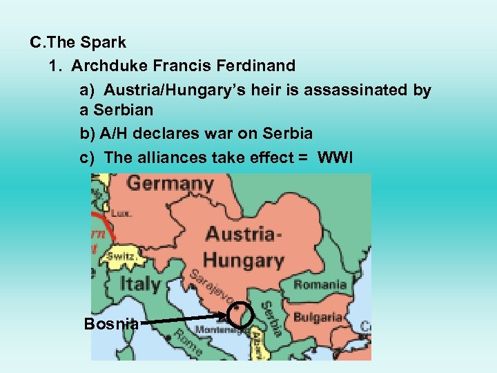 C. The Spark 1. Archduke Francis Ferdinand a) Austria/Hungary’s heir is assassinated by a