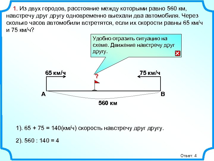 Из двух городов расстояние между которыми 980 км навстречу друг другу выехали два автомобиля схема