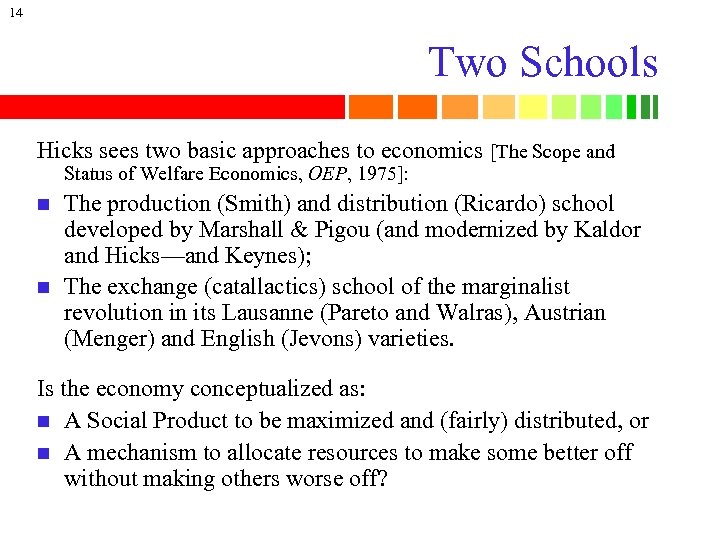 14 Two Schools Hicks sees two basic approaches to economics [The Scope and Status