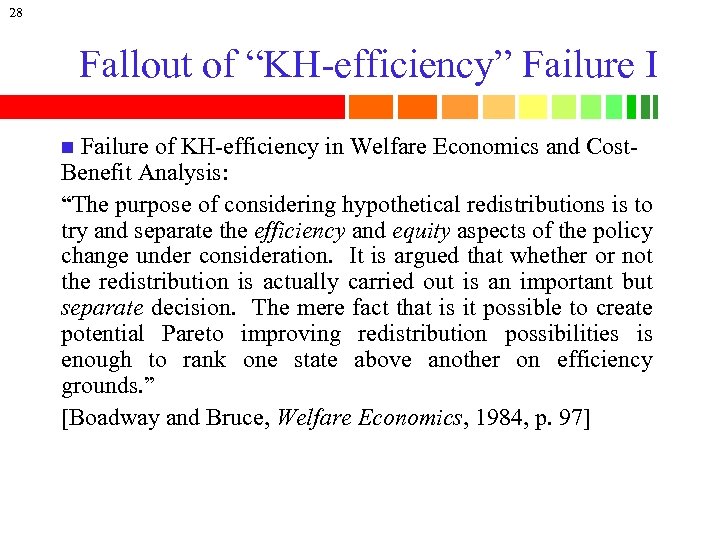 28 Fallout of “KH-efficiency” Failure I Failure of KH-efficiency in Welfare Economics and Cost.