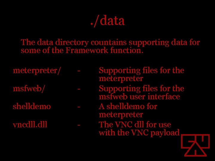 . /data The data directory countains supporting data for some of the Framework function.