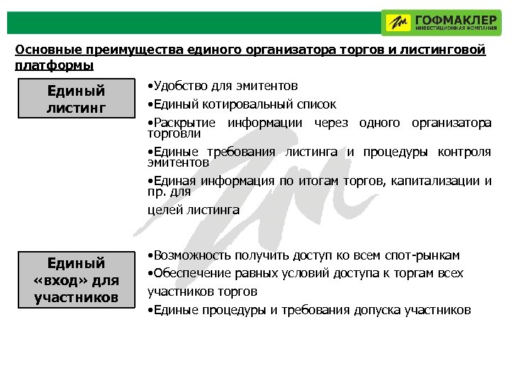 Основные преимущества единого организатора торгов и листинговой платформы Единый листинг Единый «вход» для участников