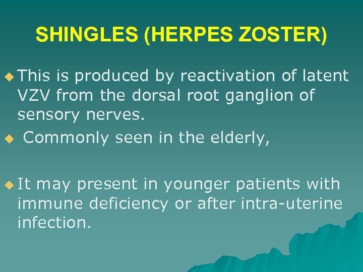 SHINGLES (HERPES ZOSTER) u This is produced by reactivation of latent VZV from the