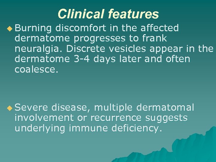 u Burning Clinical features discomfort in the affected dermatome progresses to frank neuralgia. Discrete
