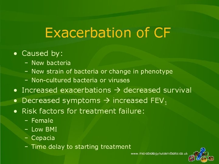 Exacerbation of CF • Caused by: – New bacteria – New strain of bacteria