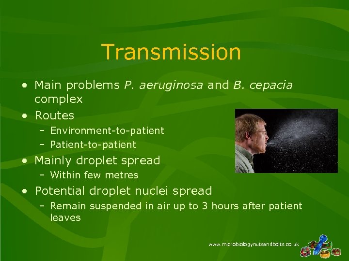Transmission • Main problems P. aeruginosa and B. cepacia complex • Routes – Environment-to-patient