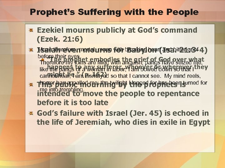 Prophet’s Suffering with the People Ezekiel mourns publicly at God’s command (Ezek. 21: 6)