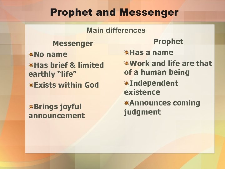 Prophet and Messenger Main differences Messenger No name Has brief & limited earthly “life”