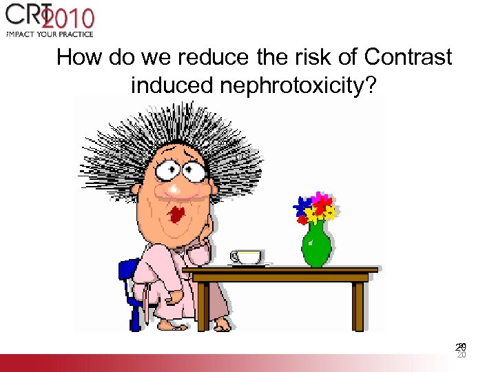 How do we reduce the risk of Contrast induced nephrotoxicity? 20 20 20 