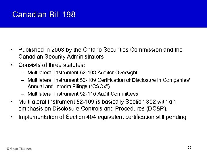 Canadian Bill 198 • Published in 2003 by the Ontario Securities Commission and the