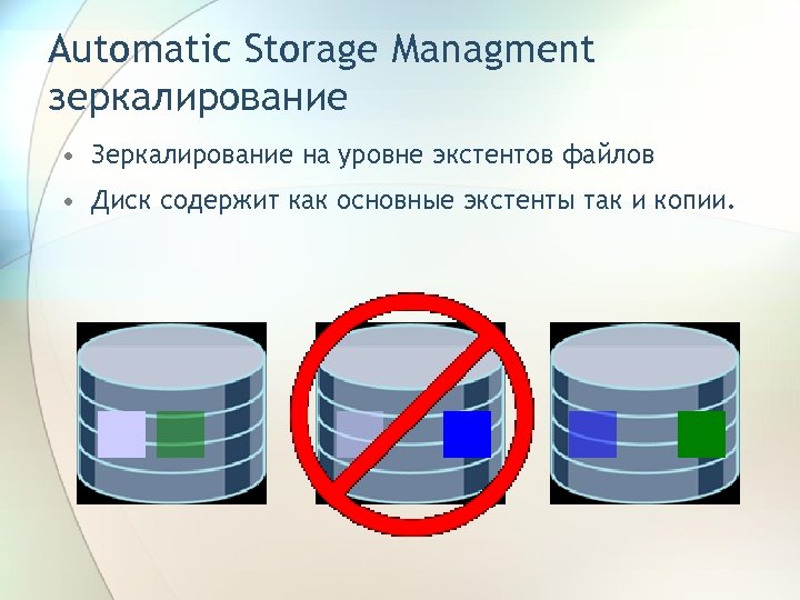 Automatic Storage Managment зеркалирование • Зеркалирование на уровне экстентов файлов • Диск содержит как