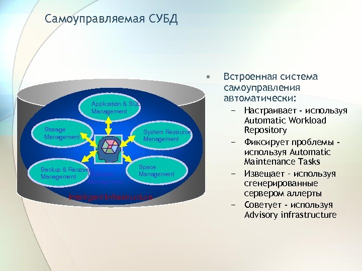 Самоуправляемая СУБД • Application & SQL Management Storage Management Backup & Recovery Database Management