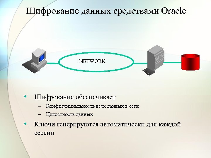 Шифрование данных средствами Oracle NETWORK • Шифрование обеспечивает – Конфиденциальность всех данных в сети