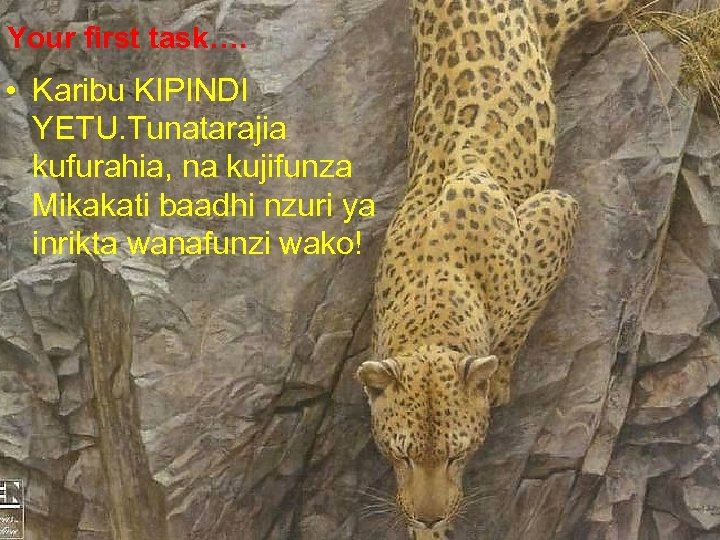 Your first task…. • Karibu KIPINDI YETU. Tunatarajia kufurahia, na kujifunza Mikakati baadhi nzuri