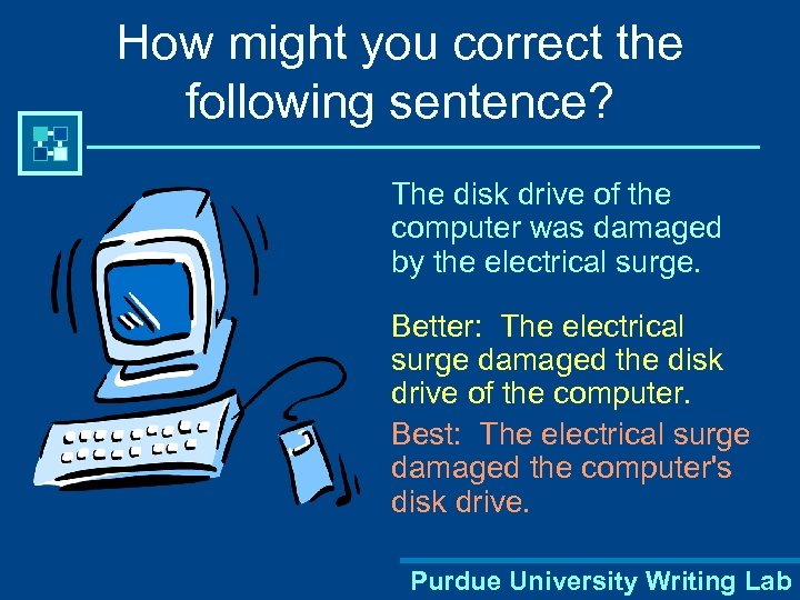 How might you correct the following sentence? The disk drive of the computer was