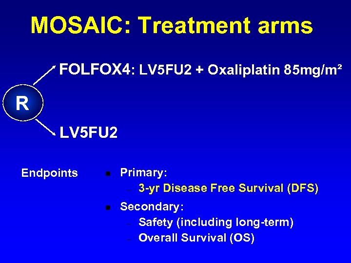 MOSAIC: Treatment arms FOLFOX 4: LV 5 FU 2 + Oxaliplatin 85 mg/m² R