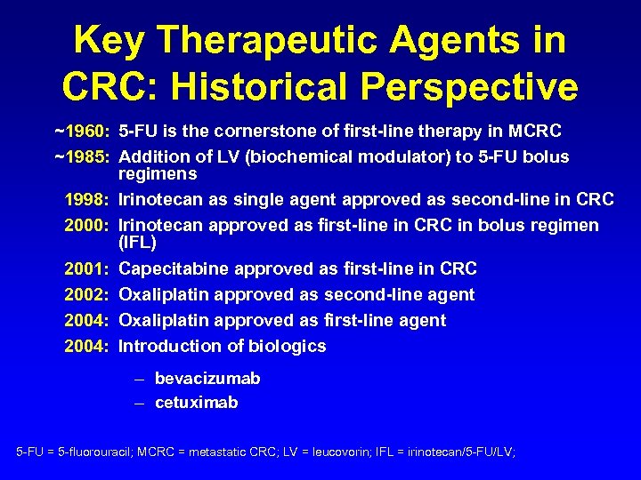 Key Therapeutic Agents in CRC: Historical Perspective ~1960: 5 -FU is the cornerstone of