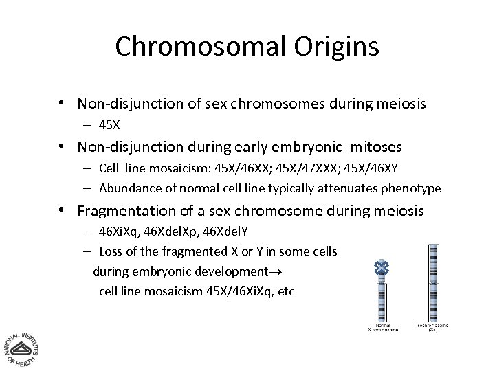 Chromosomal Origins • Non-disjunction of sex chromosomes during meiosis – 45 X • Non-disjunction