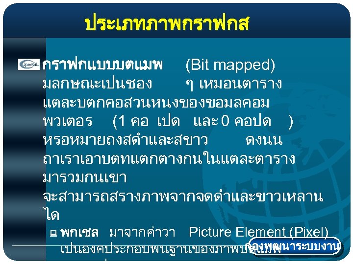 ประเภทภาพกราฟกส กราฟกแบบบตแมพ (Bit mapped) มลกษณะเปนชอง ๆ เหมอนตาราง แตละบตกคอสวนหนงของขอมลคอม พวเตอร (1 คอ เปด และ 0