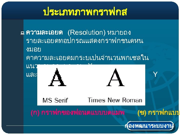 ประเภทภาพกราฟกส : ความละเอยด (Resolution) หมายถง รายละเอยดทอปกรณแสดงกราฟกชนดหน งมอย คาความละเอยดมกระบเปนจำนวนพกเซลใน แนวนอนคอแนวแกน X และจำนวนพกเซลในแนวตงคอแนวแกน Y (ก) กราฟกของฟอนตแบบบตแมพ