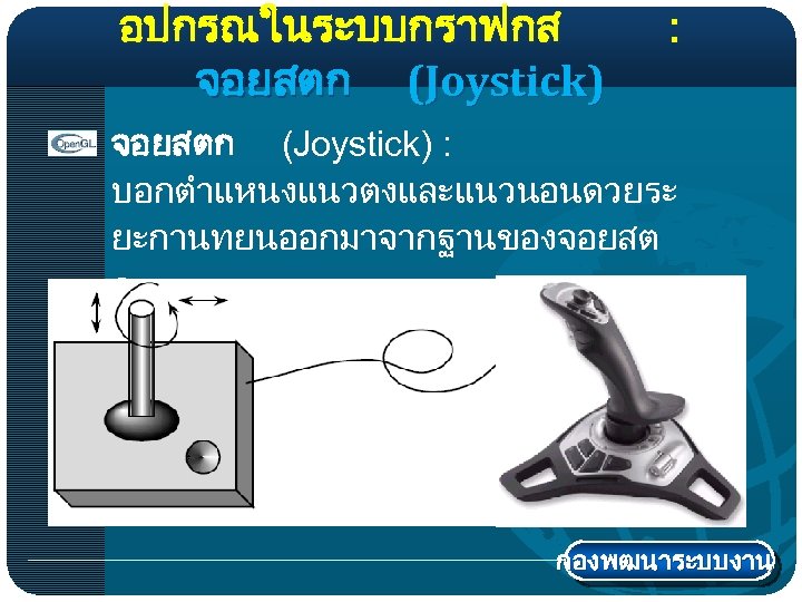 อปกรณในระบบกราฟกส จอยสตก (Joystick) : บอกตำแหนงแนวตงและแนวนอนดวยระ ยะกานทยนออกมาจากฐานของจอยสต ก สวนมากนยมนำมาใชงานกบวดโอเกม ส และเพอกำหนดตำแหนงในระบบกราฟก กองพฒนาระบบงาน 