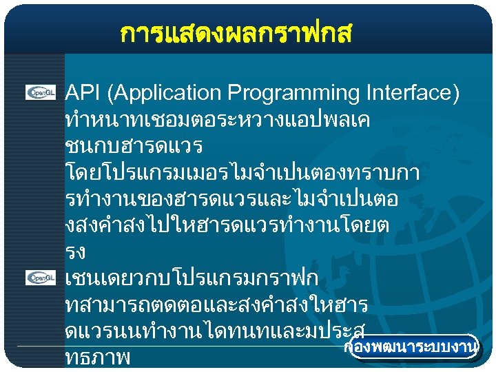 การแสดงผลกราฟกส API (Application Programming Interface) ทำหนาทเชอมตอระหวางแอปพลเค ชนกบฮารดแวร โดยโปรแกรมเมอรไมจำเปนตองทราบกา รทำงานของฮารดแวรและไมจำเปนตอ งสงคำสงไปใหฮารดแวรทำงานโดยต รง เชนเดยวกบโปรแกรมกราฟก ทสามารถตดตอและสงคำสงใหฮาร ดแวรนนทำงานไดทนทและมประส