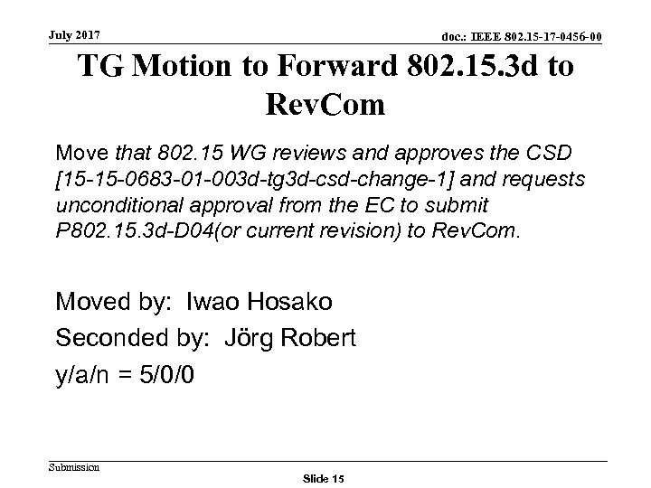 July 2017 doc. : IEEE 802. 15 -17 -0456 -00 TG Motion to Forward