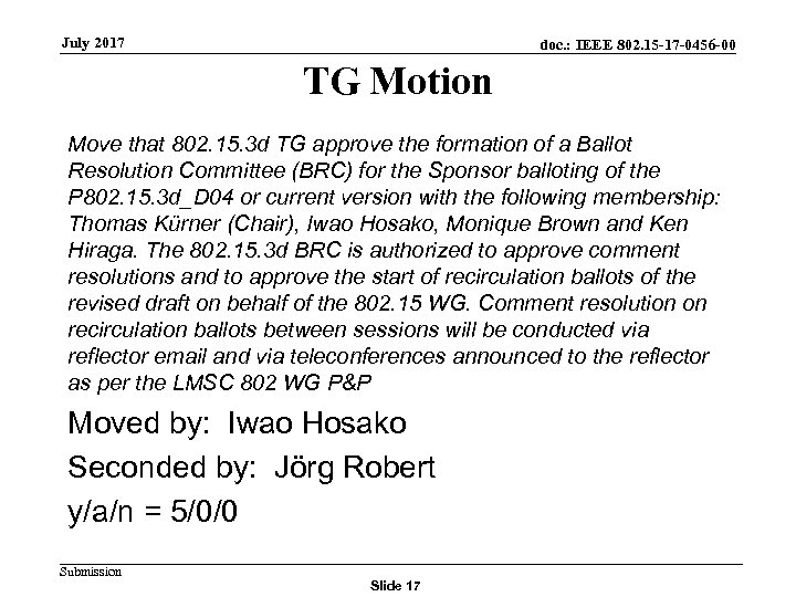 July 2017 doc. : IEEE 802. 15 -17 -0456 -00 TG Motion Move that