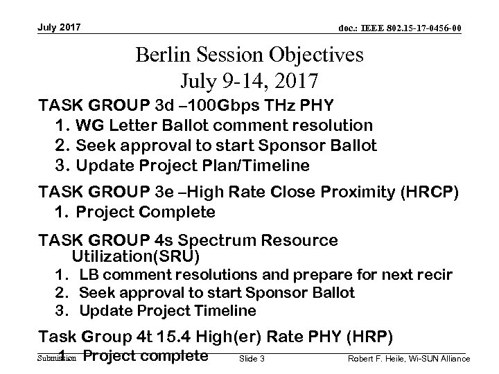 July 2017 doc. : IEEE 802. 15 -17 -0456 -00 Berlin Session Objectives July