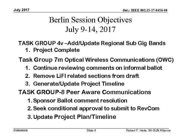 July 2017 doc. : IEEE 802. 15 -17 -0456 -00 Berlin Session Objectives July