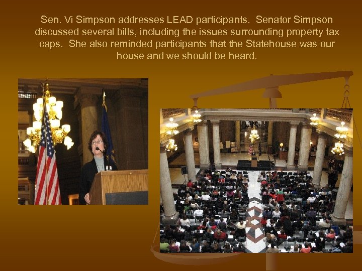 Sen. Vi Simpson addresses LEAD participants. Senator Simpson discussed several bills, including the issues