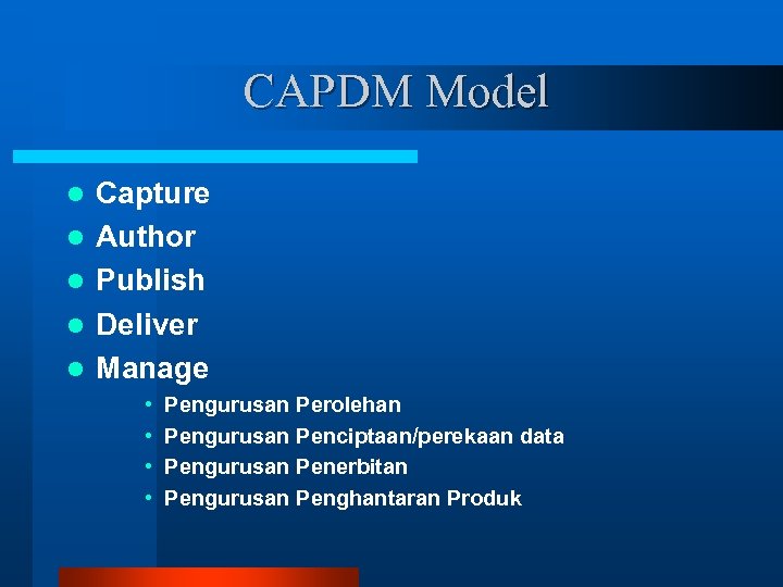 CAPDM Model l l Capture Author Publish Deliver Manage • • Pengurusan Perolehan Pengurusan