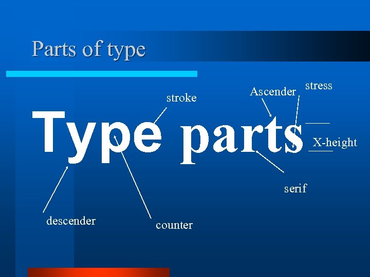 Parts of type stroke Ascender stress Type parts serif descender counter X-height 