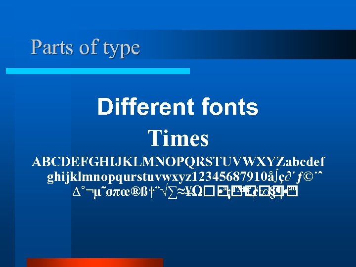 Parts of type Different fonts Times ABCDEFGHIJKLMNOPQRSTUVWXYZabcdef ghijklmnopqurstuvwxyz 12345687910å∫ç∂´ƒ©˙ˆ ∆˚¬µ˜øπœ®ß†¨√∑≈¥Ω • ª¡™£¢∞§¶ • ªº