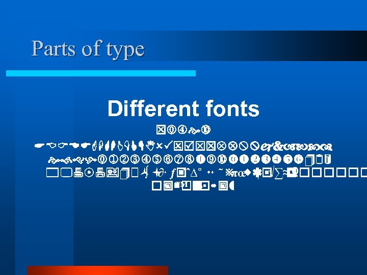 Parts of type Different fonts Times ABCDEFGHIJKLMNOPQRSTUVWXYZabcd efghijklmnopqurstuvwxyz 123 45687910å ç ƒ© ∫ ∂´