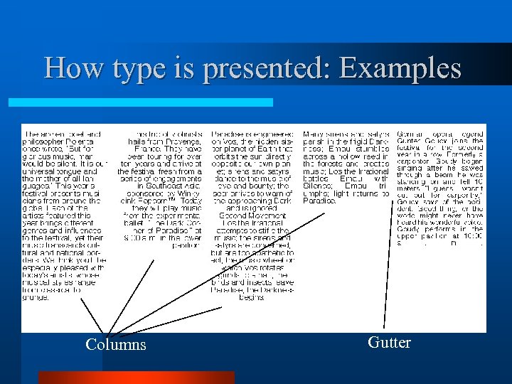 How type is presented: Examples Columns Gutter 