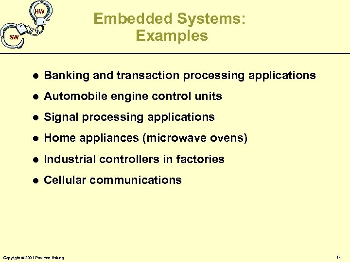 HW SW Embedded Systems: Examples l Banking and transaction processing applications l Automobile engine