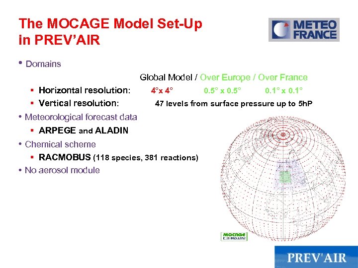 The MOCAGE Model Set-Up in PREV’AIR • Domains Global Model / Over Europe /