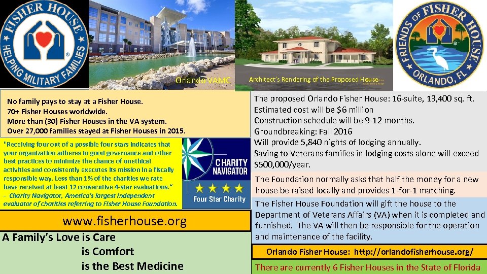 Orlando VAMC No family pays to stay at a Fisher House. 70+ Fisher Houses