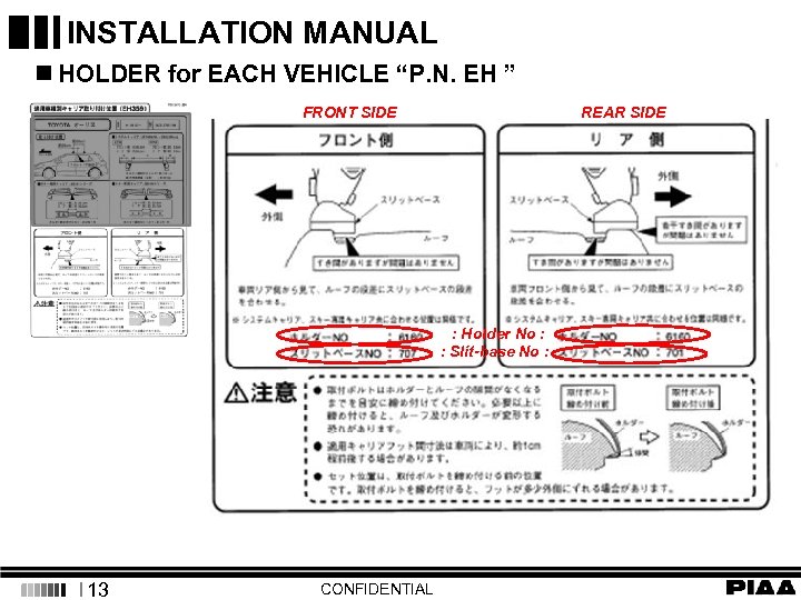 INSTALLATION MANUAL n HOLDER for EACH VEHICLE “P. N. EH ” FRONT SIDE REAR