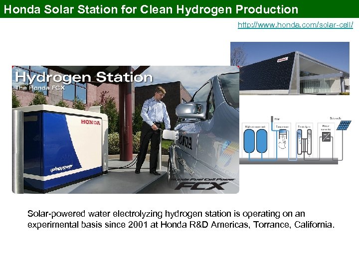 Honda Solar Station for Clean Hydrogen Production http: //www. honda. com/solar-cell/ Solar-powered water electrolyzing