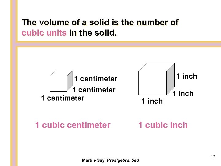 The volume of a solid is the number of cubic units in the solid.