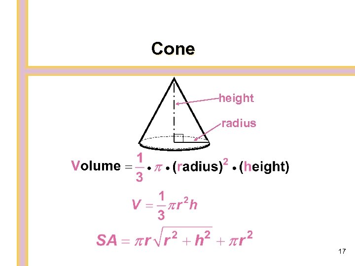 Cone height radius Volume = 17 
