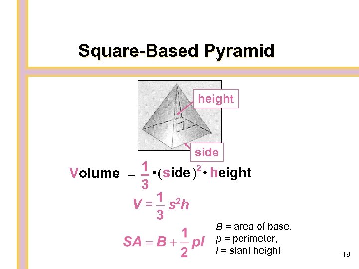Square-Based Pyramid height side 1 (side )2 height Volume = 3 1 V =