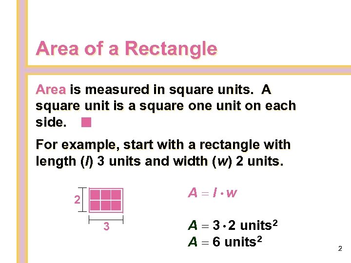 Area of a Rectangle Area is measured in square units. A square unit is