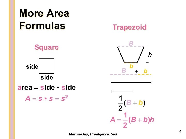 More Area Formulas Trapezoid B Square h side B side b + b area