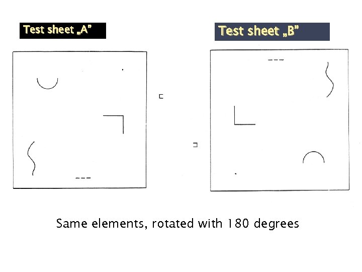 Test sheet „A” Test sheet „B” Same elements, rotated with 180 degrees 