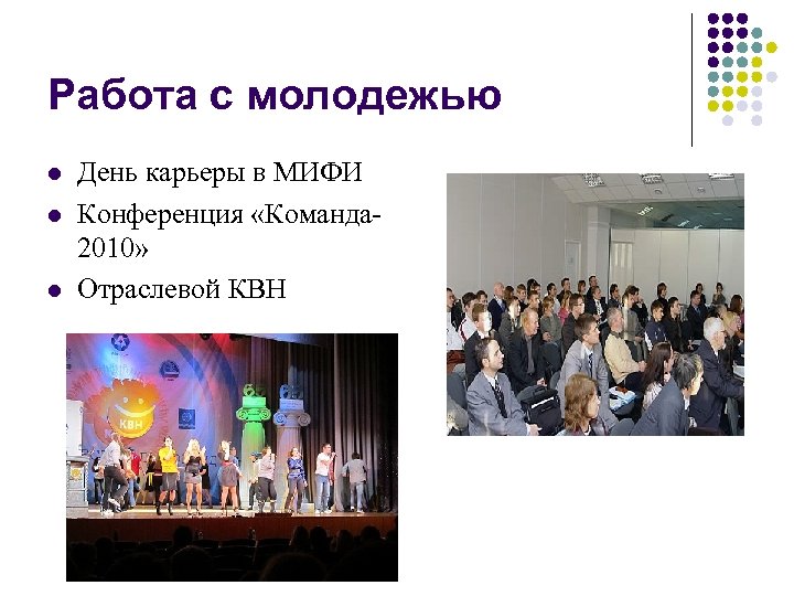 Работа с молодежью l l l День карьеры в МИФИ Конференция «Команда 2010» Отраслевой