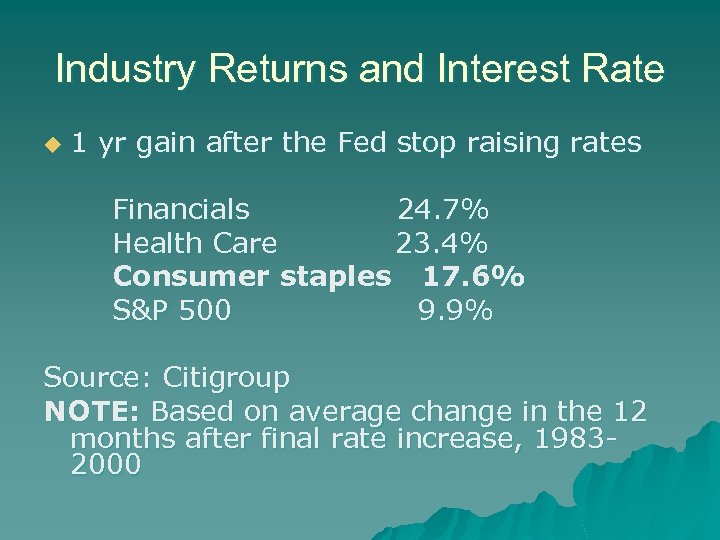 Industry Returns and Interest Rate u 1 yr gain after the Fed stop raising