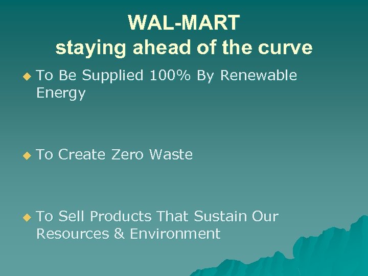 WAL-MART staying ahead of the curve u u u To Be Supplied 100% By